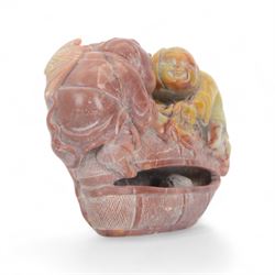 Chinese Shoushan carved and polished soapstone figure group, modelled as two men, together with Shou Lao carving and one other, largest H25cm 