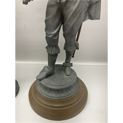 Pair of spelter figures modeled as Cavaliers, together with a spelter figure of Joan of Arc, largest H52cm