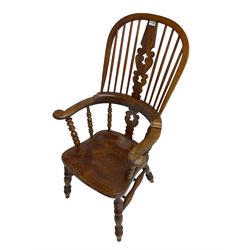 Traditional elm Yorkshire style Windsor armchair, high back with pierced and fret work splat, turned supports joined by double H stretcher