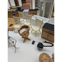 Modern 1:12 scale dolls house furniture, comprising pine kitchen set, with wall cabinets, floor cabinets and sink unit, white wooden bathroom suite, white wooden kitchen and dining room furniture and appliances, wooden bedroom furniture, Raine purple wingback chair, tv, desk, fish tank, etc