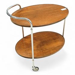 Mid-century oak and chromed metal drinks trolley, twin tiered oval form with rounded edges, chromed tubular supports with integrated handle 