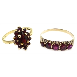  9ct gold garnet set ring, hallmarked and a five stone ruby ring  