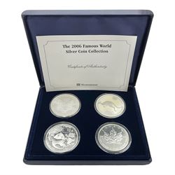 Four one ounce fine silver coins, forming 'The 2006 Famous World Silver Coin Collection', comprising United States eagle, Australian kangaroo, Chinese panda and Canadian maple leaf, cased with Westminster certificate 