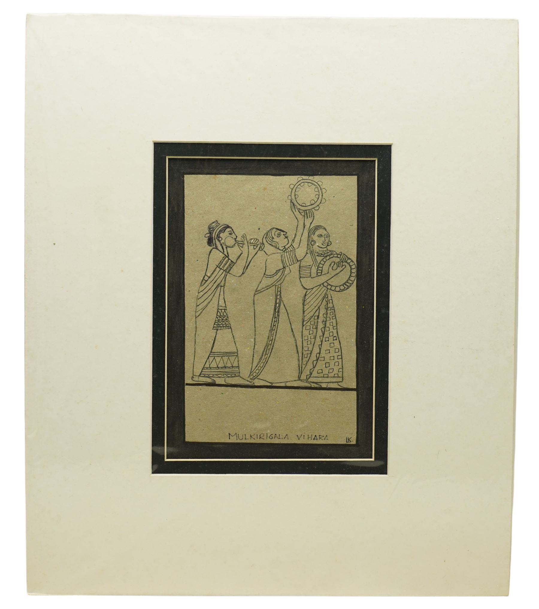 L K Karunaratne (Sri Lankan 1932-2013): Line Drawing of Three Female Musicians - Mulkirigala Vihara, ink on card signed with monogram 24cm x 17cm (unframed)
Notes: L. K. Karunaratne was a respected Sri Lankan artist and a key figure in heritage conservation, known for his detailed studies of Buddhist architecture, Kandyan-period traditions, and archaeological sites
