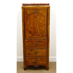  19th century Dutch burr walnut, rosewood and marquetry secretaire a abattant of slightly bow-fronted form with rouge marble top, all over inlaid and with marquetry vases of flowers within boxwood stringing and chequered borders, the fall front opening to reveal a fitted interior with central cupboard door bearing a family coat of arms surrounded by eight floral marquetry graduated drawers, over three long drawers, on stile supports W55cm H139cm D34cm  