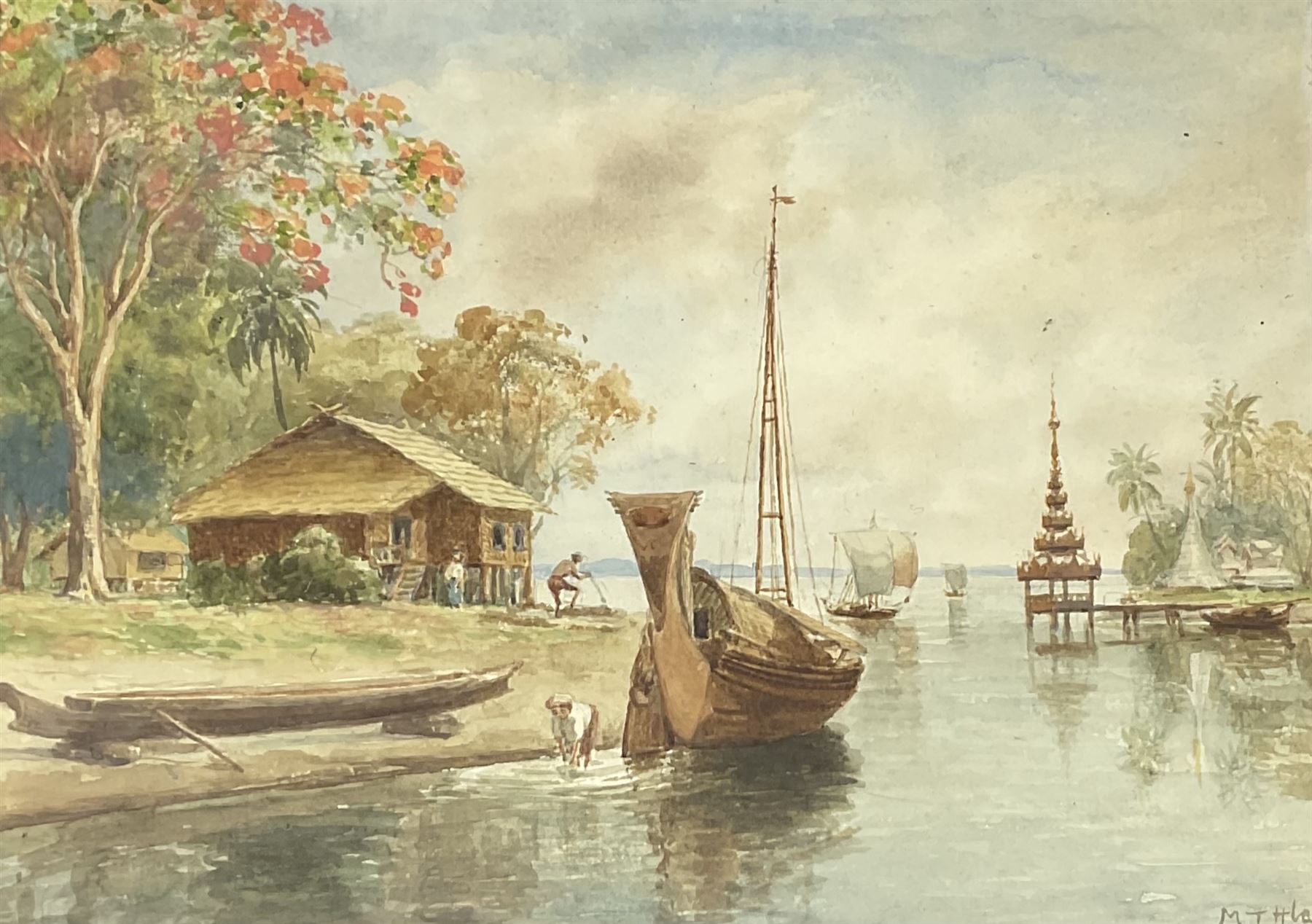 Maung Tun Hla (U Tun Hla) (Burmese 1874-1946): Small Village Riverbank Scenes, pair watercolours signed M T Hla 16cm x 21cm (2)