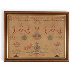 Late 19th early alphabet cross stitch sampler by E Wells age 13, together with two others 