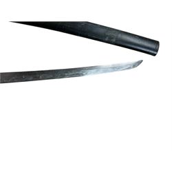 Replica Japanese katana with 63cm curved single edged blade in scabbard, overall L93cm, together with dagger with brass handle in a leather scabbard 