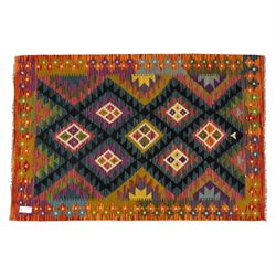 Chobi flatweave kilim runner with a repeating nested diamond medallion design in live gree...