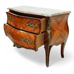 French Louis XV revival bombe commode, early 20th century, with variegated marble top above two drawers inlaid with floral marquetry, gilt metal rococo handles and mounts, kingwood and tulipwood veneers laid in chevron and quartered patterns, on cabriole supports with gilt sabots