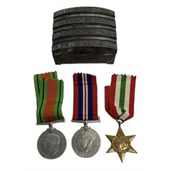 WWII service medal trio comprising Defence Medal, 1939-1945 medal and 1939-1945 Star, with various ribbons and box