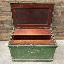 19th century green painted pine carpenters tool chest, mahogany lined fitted interior with adjustable sliding fitted compartments