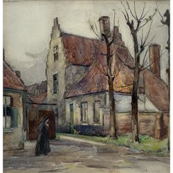 Stewart Carmichael (Scottish 1869-1950): Village Nun in Ghent Belgium, watercolour signed and dated, labelled verso 37cm x 37cm