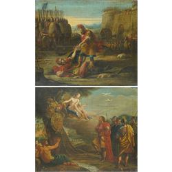 Circle of Pompeo Girolamo Batoni (Italian 1708-1787): 'Venus Presenting Aeneas with Armour' and 'Aeneas slaying Turnus', pair 18th century oils on canvas unsigned 64cm x 76cm (2)
Notes: both paintings depict iconic scenes from Virgil's Aeneid - the former illustrating Book VIII, with Venus descending upon a cloud accompanied by Cupid to present the divine arms forged by Vulcan, as Aeneas and his companions look on. The second depicts the climactic duel from Book XII, with Aeneas poised to deliver the fatal blow to Turnus before the assembled armies.