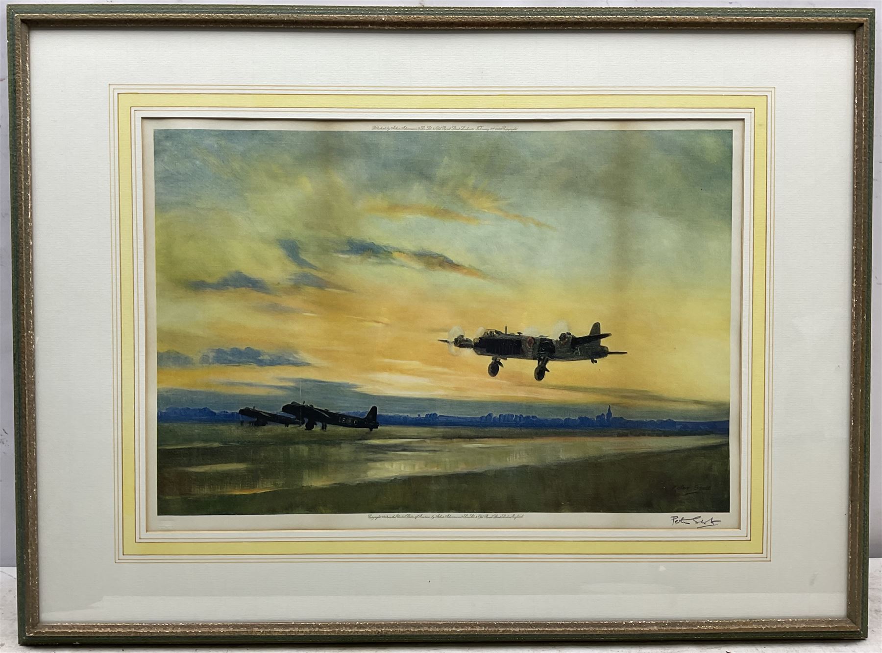 Sir Peter Markham Scott (British 1909-1989): 'Take Off at Dusk' - Bombers, colour print signed in pencil pub. 1942 with Fine Art Trade Guild blindstamp 36cm x 53cm 
Notes: an unusual wartime scene for Scott, best known for his avian pictures.