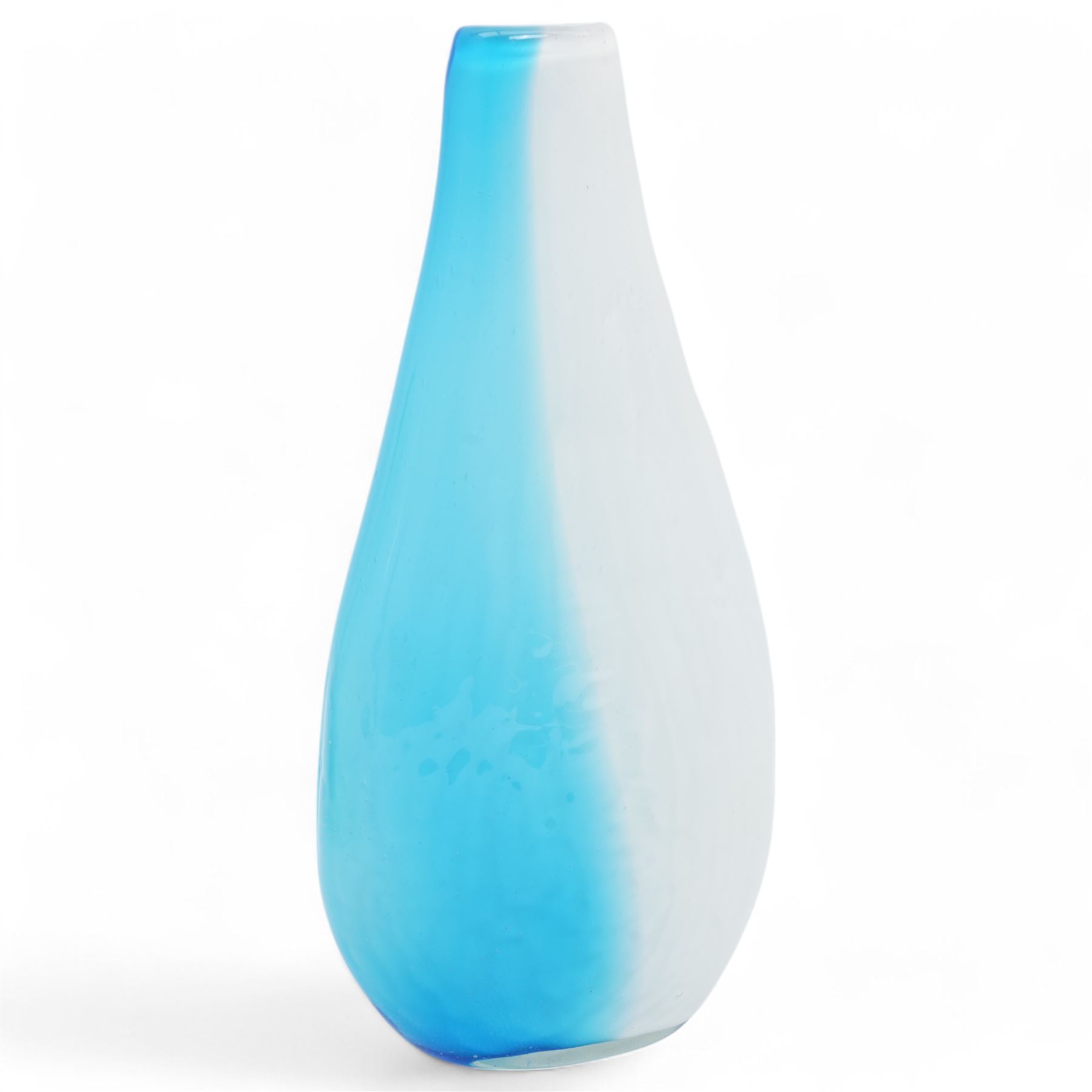 Art Nouveau style blue and white glass vase, of baluster form with elongated neck, the decorative green stems leading towards a petal shaped rim, H29cm; together with four similar art glass vases, tallest H36cm (5)