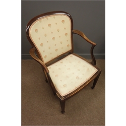  Edwardian mahogany inlaid chair, upholstered seat, square tapering supports and three similar Edwardian upholstered armchairs  
