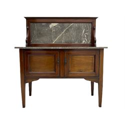 Edwardian inlaid mahogany washstand, raised grey and white marble back and top, fitted with double cupboard, square tapering supports