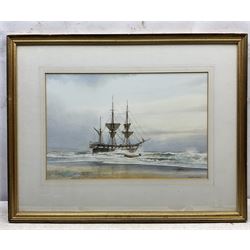 David C Bell (British 1950-): Ships Portraits 'A Barque Ashore - Near Filey c1875' and 'Cape Mariato - Built  Beverley 1936', two watercolours signed, titled verso 31cm x 47cm (2)