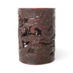 Carved brush pot, decorated with dragon and ho ho bird, H17cm