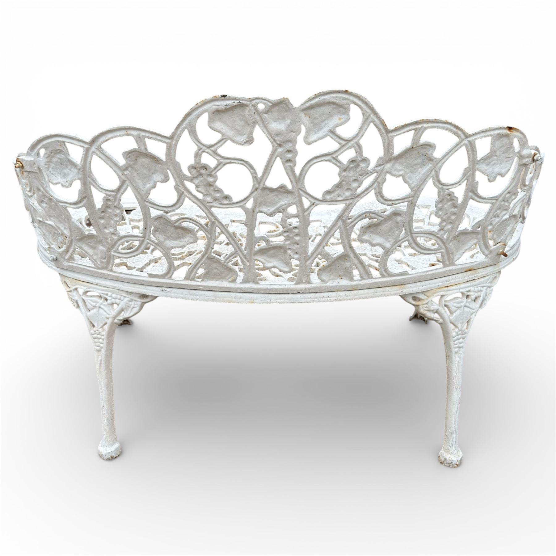 Victorian design white painted cast iron garden bench with grapevine and ivy design