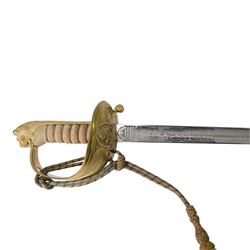 British 1827 pattern Naval officer's sword, named, by Wilkinson Sword Company in 1920 for P.H. Earle and retailed by Gives, the 80cm slightly curved blade etched to both sides, the brass guard held into scabbard by patent spring clip, lion head pommel and backstrap, with sword knot, within leather scabbard with three brass mounts, twin suspension rings and attached belt and suspension straps with gilt buckle and braid, overall L98cm 