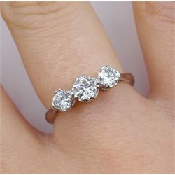 Platinum three stone diamond ring, stamped Plat, total diamond weight approx 0.45 carat 