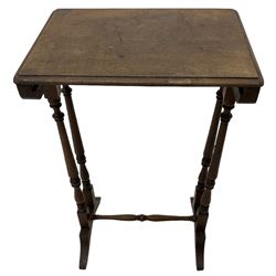 Early 20th century American oak smokers bow tub armchair, shaped cresting rail with pierced handle over ring turned spindle back, seat upholstered in pink tapestry fabric (W56cm, H73cm); small 20th century walnut occasional table on turned supports (W43cm, H70cm, D33cm)