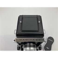 Mamiyaflex C3 TLR camera body, serial no. 215034, with 'Mamiya Sekor 1:2.8 f80mm' lens serial no. 765932