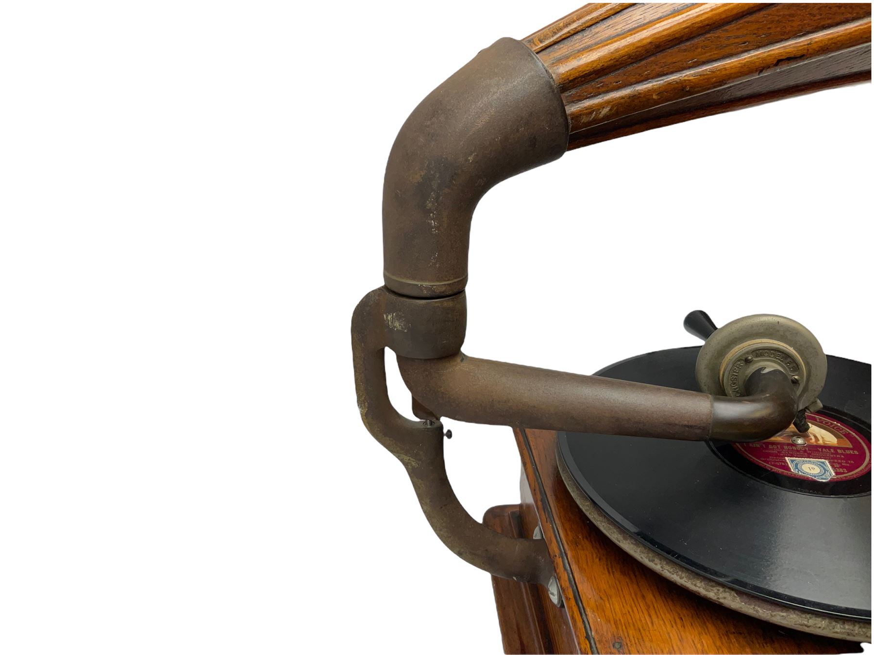 Early 20th century oak cased gramophone, the motor marked 'Garrard No.20 REF No.1030', with ribbed oak horn, base 30cm square; with one 78rpm record and Columbia tin of needles