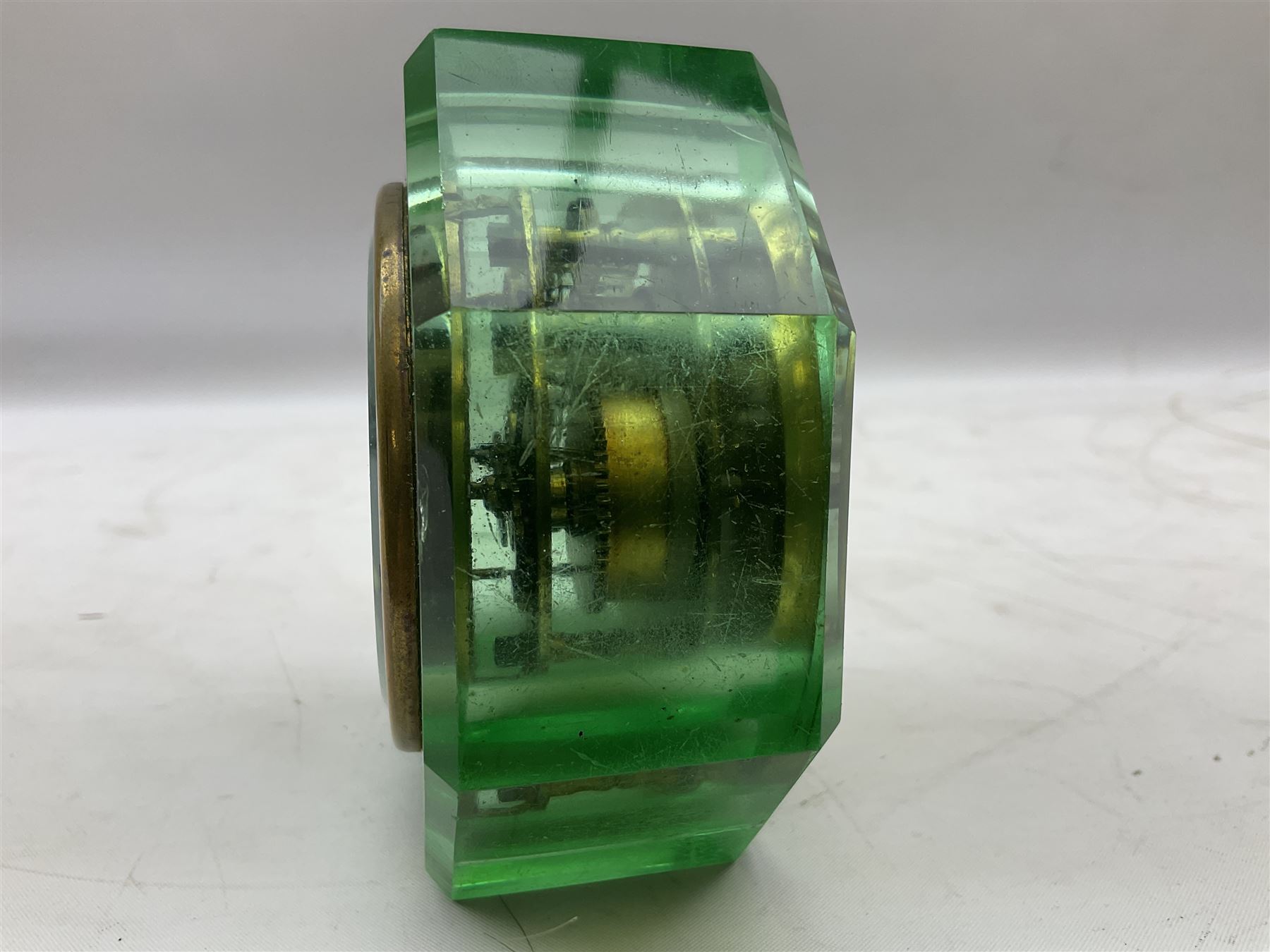 E N Welch art deco style uranium glass clock, H9cm