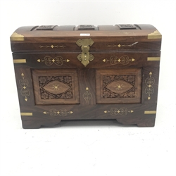 Eastern brass inlaid hardwood dome top trunk, hinged lid, W60cm, H45cm, D38cm