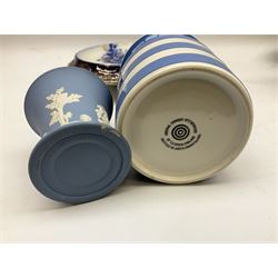 Quantity of blue and white ceramics to include Spode Italian pattern shallow bowl, Booths plate decorated with willow pattern, Wedgwood Jasperware tulip vase, T.G Green Cornish ware lidded storage jar, Delft style ceramics etc in two boxes