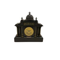 A Victorian c1890 Belgium slate mantle clock in a Byzantine style architectural case with reeded brass columns and repousse relief taken from Greek mythology, with a gilt dial with Arabic numerals, steel fleur de Lis hands within a glazed brass bezel, eight-day striking movement striking the hours and half hours on a coiled gong, presentation plaque dated 1901. With pendulum.




