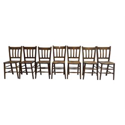 Set seven elm and beech sunday school or chapel chairs, slatted backs