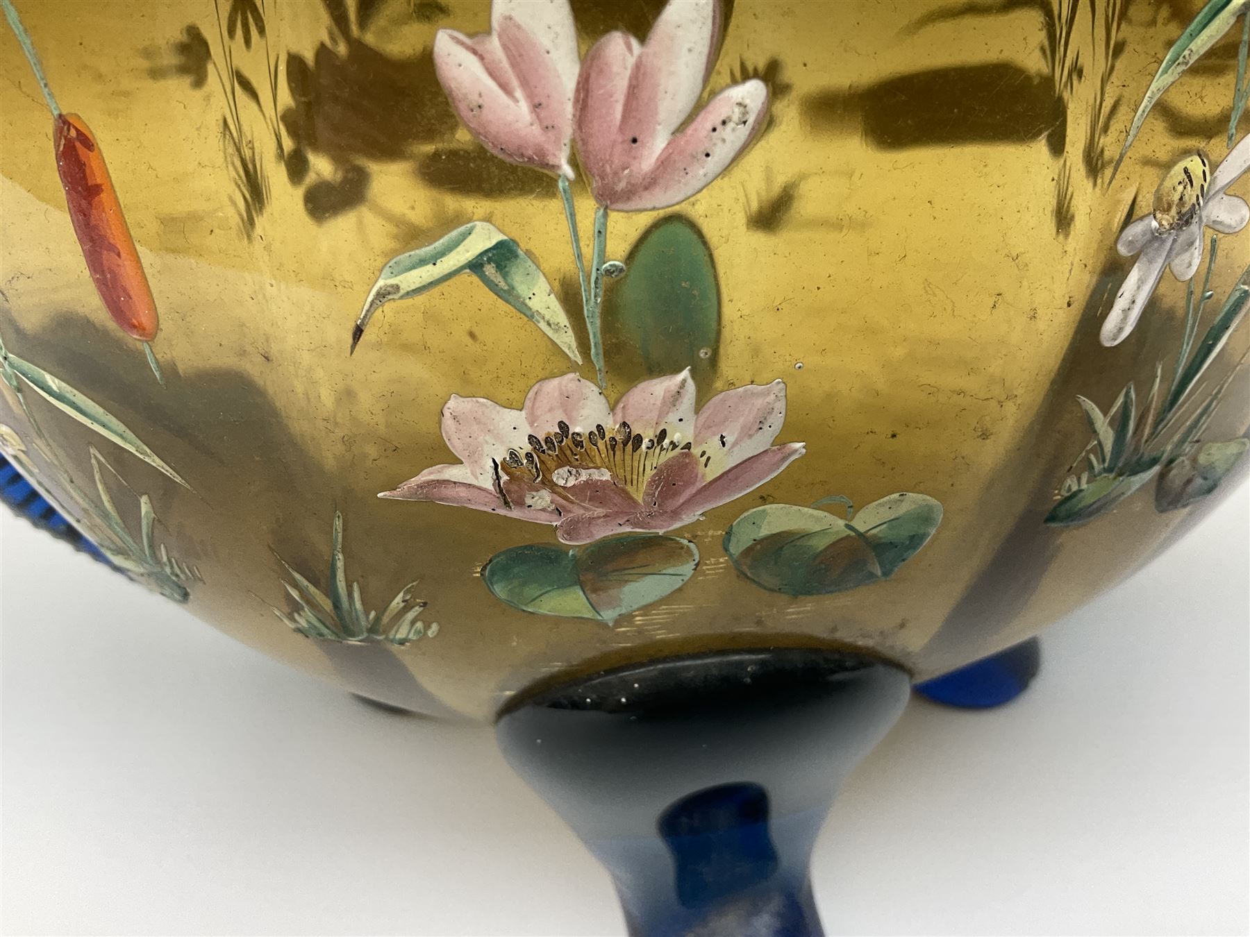 Pair of 19th century glass vases in the style of Auguste Jean, of bulbous form with lobed rim and applied blue glass zoomorphic handles, painted with enamel flowers, dragonflies and swans, upon four blue glass feet, H26cm