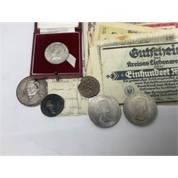 Great British and World coins and banknotes, including two Queen Victoria 1887 florins, King George V 1930 halfcrown, pre decimal pennies and other denominations, five Queen Elizabeth II five pound coins, United States of America 1964 Kennedy half dollar, German and other banknotes etc