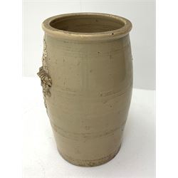 A Victorian Lipscombe & Co stoneware water filter, the body with twin scrolled lug handles, and applied fruiting vine decoration to the front, with applied maker's plaque detailed Lipscombe & Co Patentees 233 Strand Temple Bar London, H54cm. 