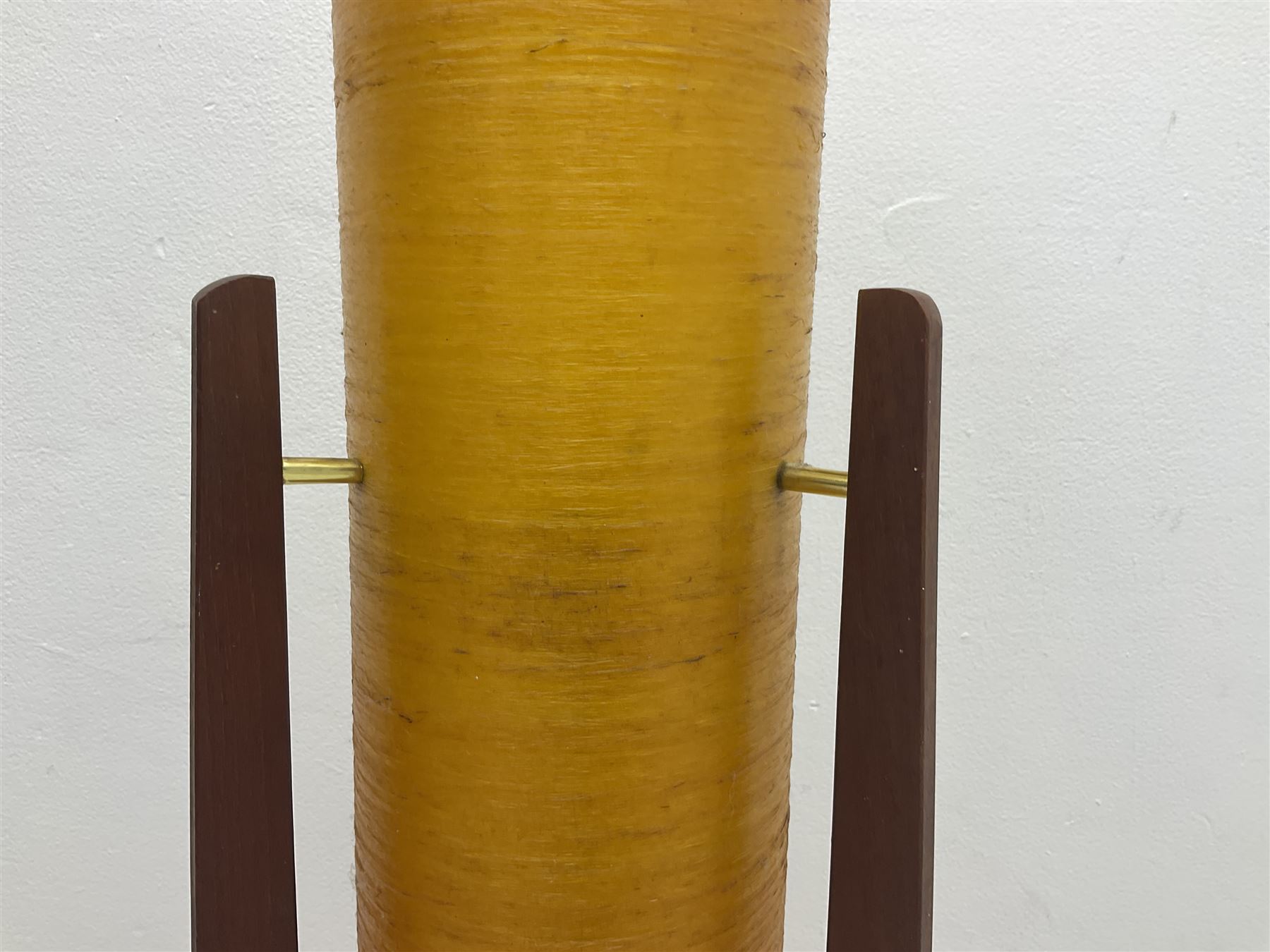 Mid century floor standing rocket lamp, the spun cylindrical orange fibreglass shade supported by three tapering teak legs, together with a matching small cylindrical shade, lamp H112cm