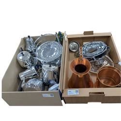 Quantity of metalware, including copper jug and bucket with ceramic handles, silver plated...