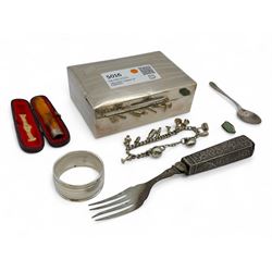 Group of silver, comprising silver mounted cigarette box, silver handled fork, teaspoon ch...