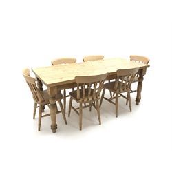 Rectangular pine rectangle table, turned supports (L183cm, W79cm, 78cm) and six beech chairs, turned supports (W50cm)