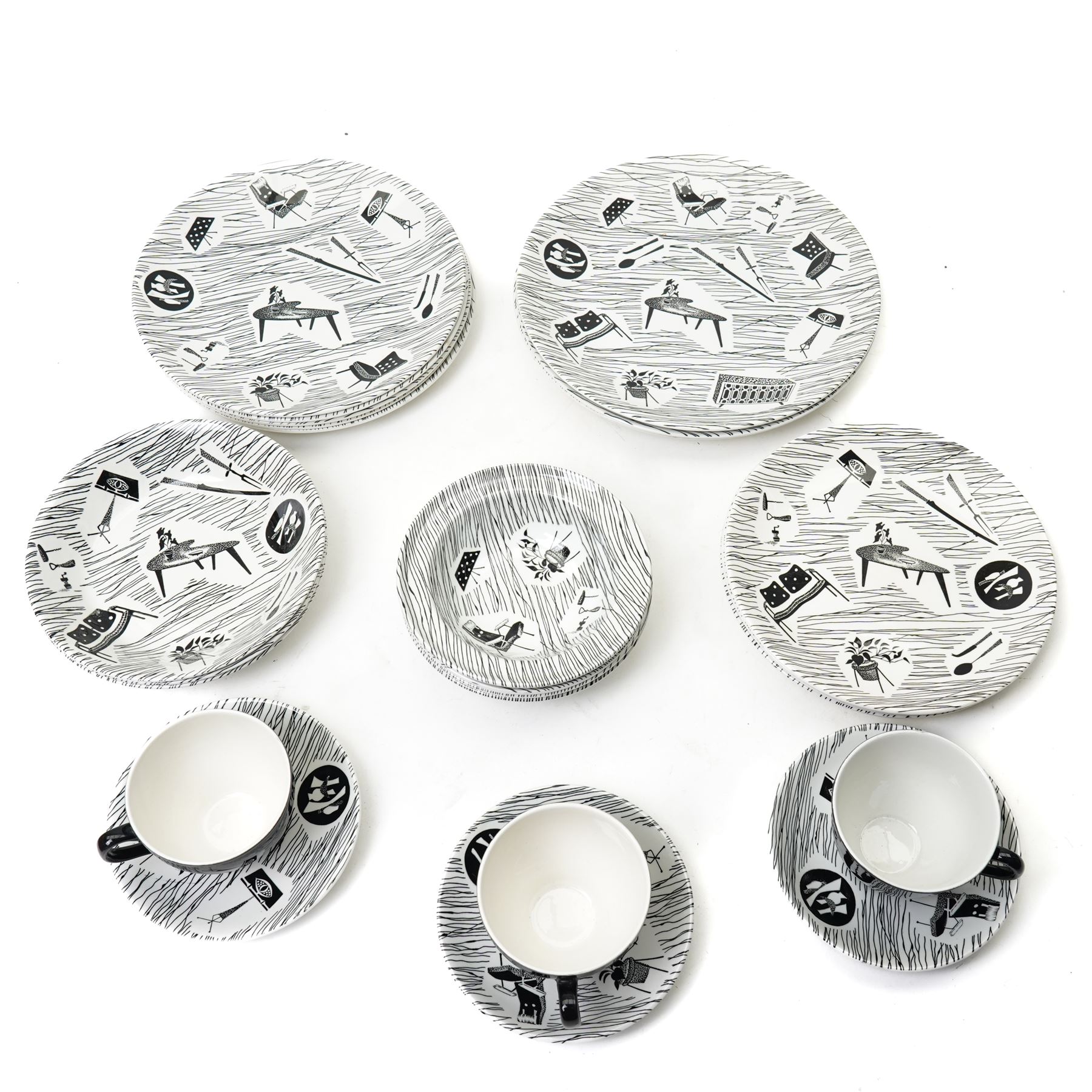 Enid Seeney for Ridgway Potteries 'Homemaker' pattern tea and dinner wares, c1950s/1960s, comprising three teacups and saucers, four small bowls, three larger bowls and twelve plates of graduating sizes