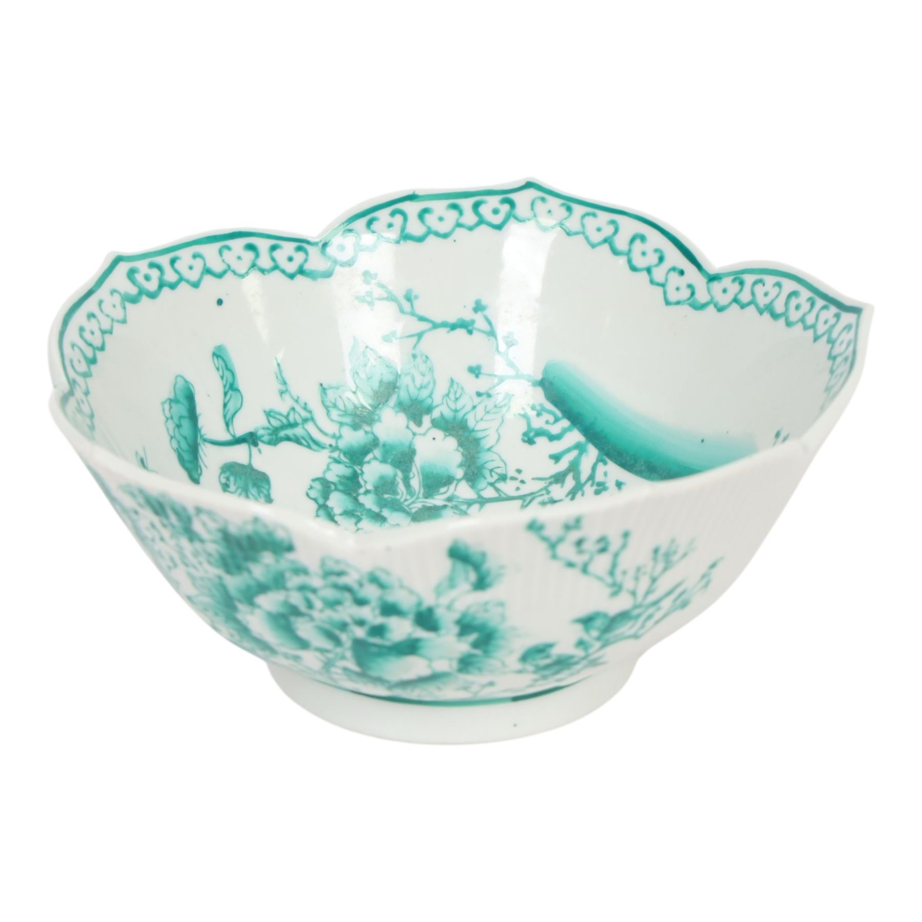 20th century Chinese bowl, of circular form with lobed lotus style rim, decorated in bright green enamel with peony blossoms, butterflies and birds, to the exterior and interior, with iron red seal mark to base, H9cm D20cm