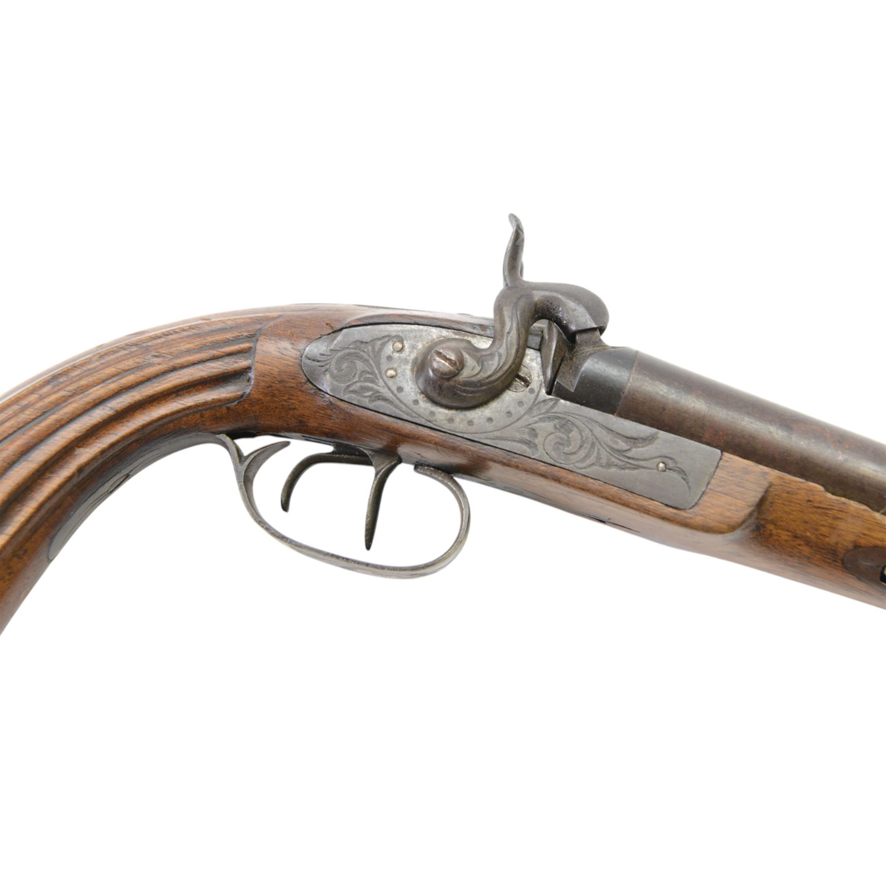 Mid 19th century double-barrelled Italian percussion pistol, smooth, round, 14 mm cal. barrels, forward spring lock engraved with floral motifs; wooden stock with grooved butt and engraved iron mounts, L35cm