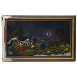 Ivan Večenaj (Yvan Vecanaj) (Croatian 1920-2013): 'Eclipse of the Sun', glass painting signed titled and dated 1961, 44cm x 79cm