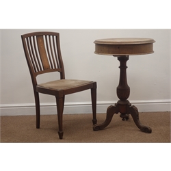  Victorian mahogany pedestal work table, hinged lid enclosing fitted interior, carved column, three sabre supports (D51cm, H77cm) and an inlaid chair (2)  