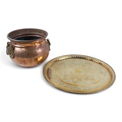 Twin handled copper jardiniere, together with brass tray with pierced boarder, jardiniere H29cm