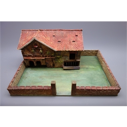  Late 19th/early 20th century composition over wood farmyard, the beam and plaster style building with simulated tiled roof, fruiting vine to the front with various animal apertures and hinged access door to the rear, on oblong base with low perimeter wall L48cm  