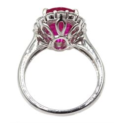 18ct white gold ruby and diamond cluster ring, stamped 750, ruby approx 3.75 carat, stamped 18K 750